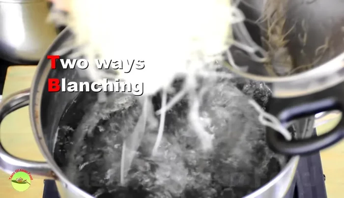 Blanch rice vermicelli in boiling water for about 1 minute, or until soft and tender. Transfer to cold water to stop cooking.