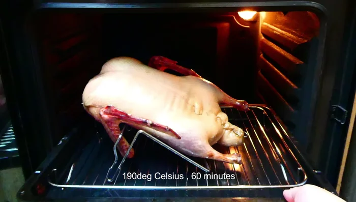 Roast the duck in the oven at 190 degrees Celsius for 60 minutes.