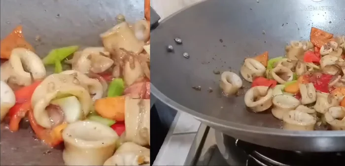 Pour in the prepared sauce and stir-fry until the sauce thickens and coats the squid and vegetables.