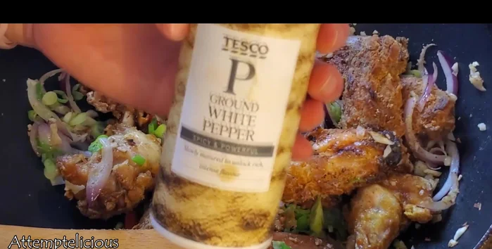 Add five-spice powder, pepper, and salt.