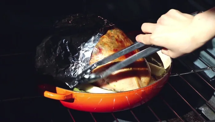Remove foil, baste, and roast for a final 30 minutes. (Total cooking time for a 6-pound breast: approximately 3 hours). Internal temperature should reach 160°F (71°C).