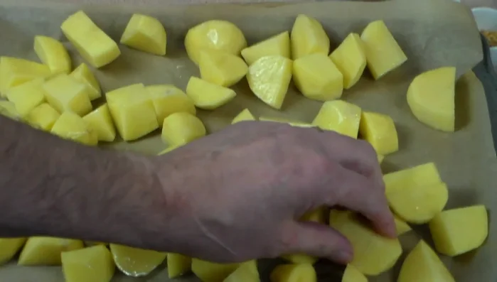 Bake potatoes at 350 degrees for 30-40 minutes, tossing halfway through.