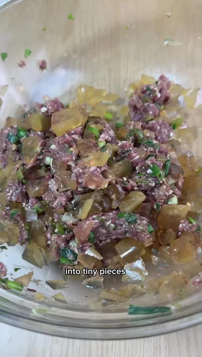 For the cheese variation, dice chilled soup jelly and mix into a portion of the meat. Refrigerate.
