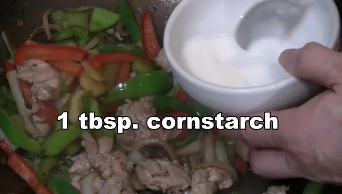 Mix cornstarch and 1/4 cup of water. Add to wok to thicken sauce. Adjust water if needed.