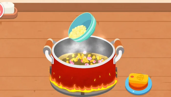 Add oil, minced onions, ginger, and garlic. Fry the ingredients and add chicken stock.