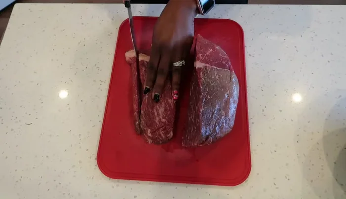 Thinly slice the rump roast beef into strips.