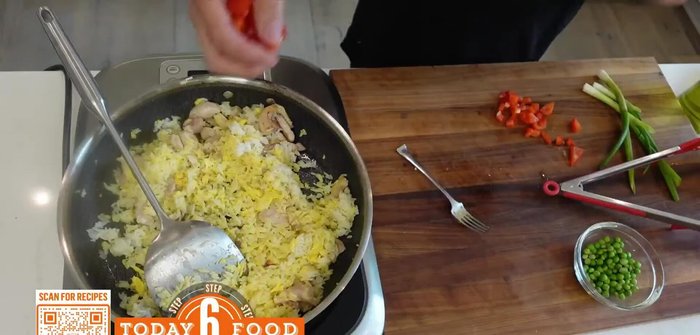 Add your vegetables (bell pepper, peas, scallions).