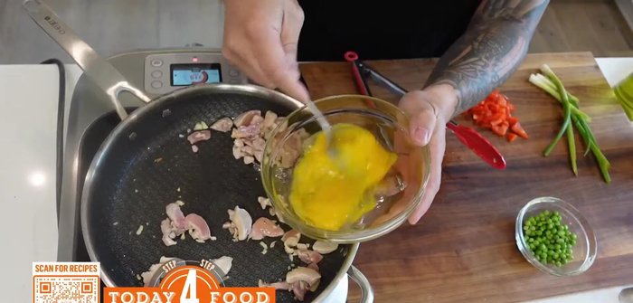 Quickly scramble eggs in a separate bowl.