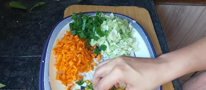 Chop garlic, capsicum, carrot, cauliflower, green onions, and chicken into small, even pieces. Prepare the chicken into mini cubes.