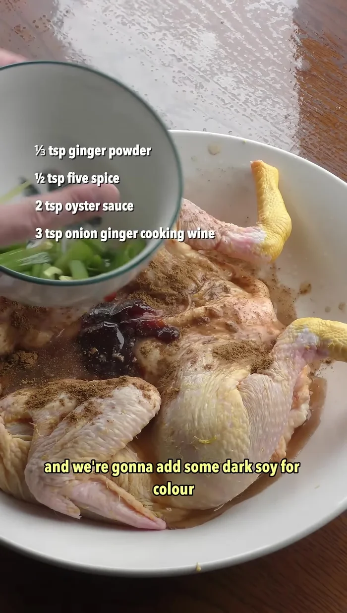Add dark soy sauce and salt. Massage the seasoning into the chicken thoroughly. Marinate for at least 1 hour, or preferably overnight.