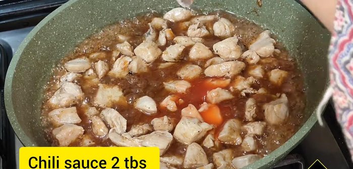 Add 1 tablespoon of chilli sauce. Fry on high flame for 4 minutes and set aside.