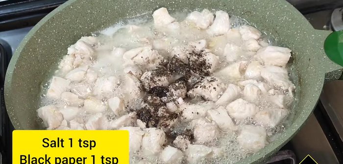Add 1 teaspoon of salt, 1 teaspoon of black pepper, and continue frying.