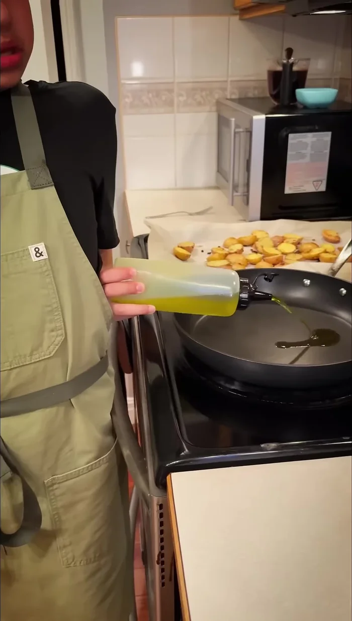 Heat olive oil in a frying pan over medium-high heat. Add baked potatoes and fry for 2-3 minutes per side, until nicely browned.