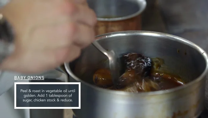 Make the game sauce: Sauté shallots in oil and butter with thyme, deglaze with chicken stock, and reduce.