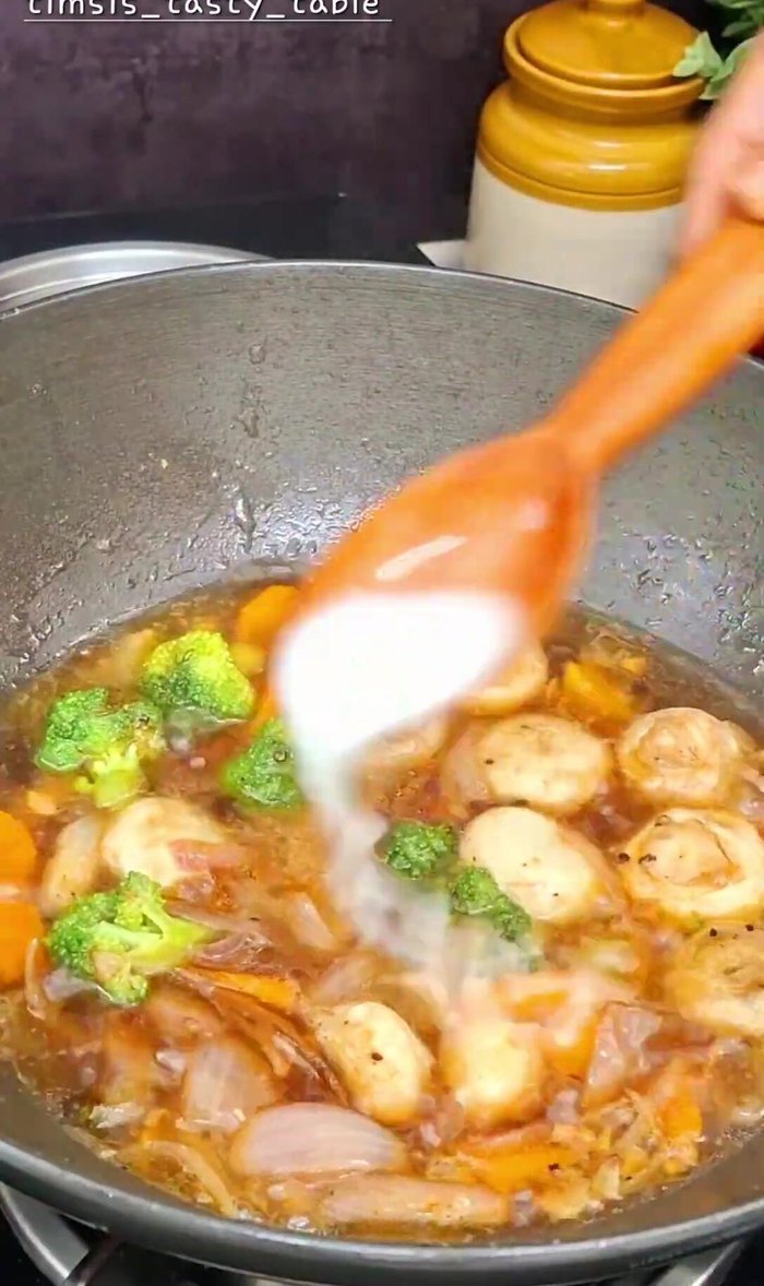 Add cornstarch slurry (3 tablespoons). Stir and cook until the gravy thickens.