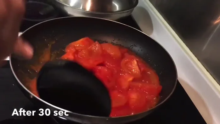 Pour in the beaten eggs. Cook until the eggs are set.