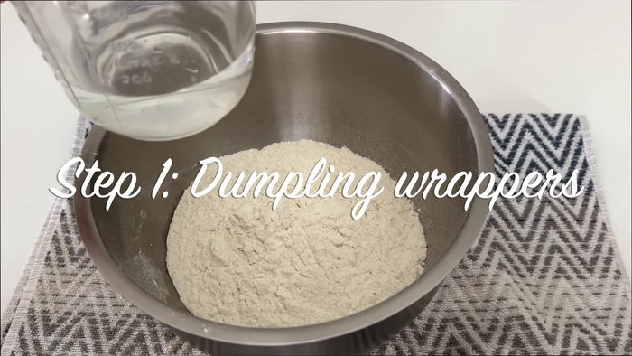 Prepare the dumpling wrappers: Mix 100g flour and 60g water (60% hydration). Stir until all flour is in flakes, then knead until slightly smooth. Cover and let rest for 1 hour.