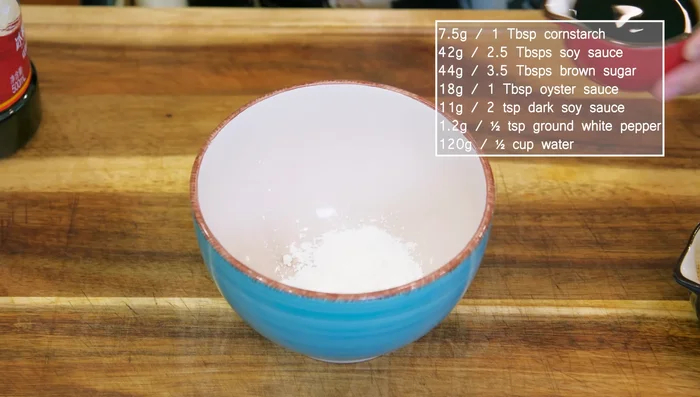 Prepare Mongolian sauce: Mix cornstarch, soy sauce, brown sugar, oyster sauce, dark soy sauce, black pepper, and water.