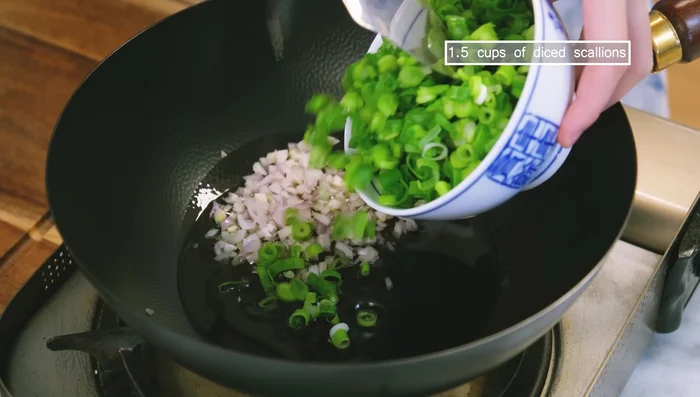 Caramelize shallots, scallions, and garlic in vegetable oil over medium heat for 10-18 minutes, stirring every 30 seconds. Reduce heat to low if needed.