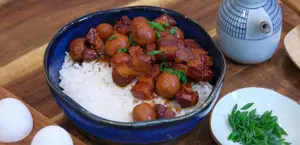 Sticky Red Braised Pork Belly with Quail Eggs - Easy Chinese Recipe