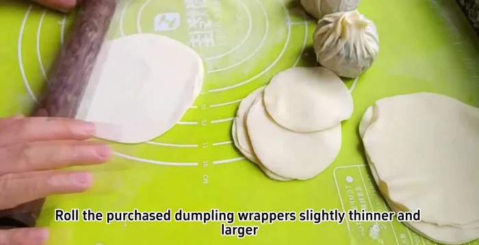 Roll out dumpling wrappers slightly thinner and larger. Add the filling to the wrappers.