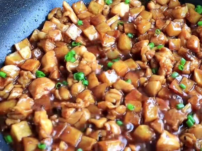 Prepare the potatoes and chicken. Cut potatoes into bite-sized pieces and chop the chicken into cubes.