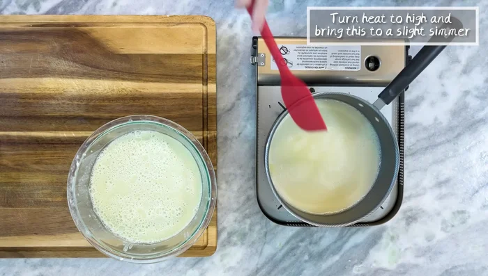 Bring the mixture to a slight simmer over high heat, then turn off the heat. Add food coloring (optional).