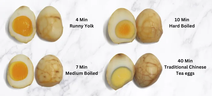 Bring the mixture to a boil, then start timing. Cook for 4 minutes for runny yolks, 7 minutes for medium, 10 minutes for hard-boiled, or 40 minutes for the traditional street vendor style.