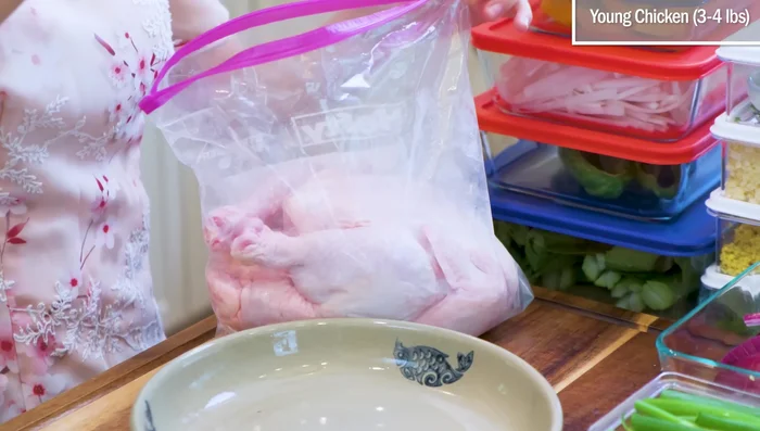 Marinate chicken (with ginger, scallions, purple onion, salt, sugar, sand ginger powder/five-spice powder, soy sauce). Refrigerate for at least 5 hours.