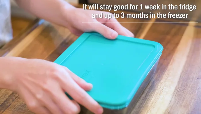 Store in an airtight container. It will last up to a week in the refrigerator or 3 months in the freezer.