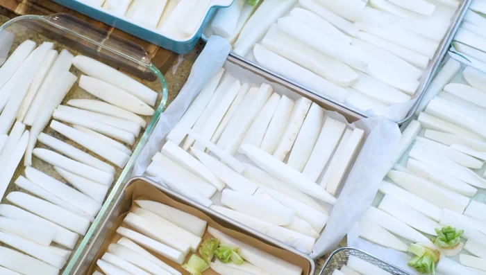 Dehydrate the radish sticks. Methods include a dehydrator (120°F, 13 hours), oven (lowest setting, 10-15 hours, prop the door open), or sun-drying (a few days).