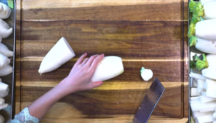 Cut the radish into thick sticks. (Approx 15 mins for 50lbs)