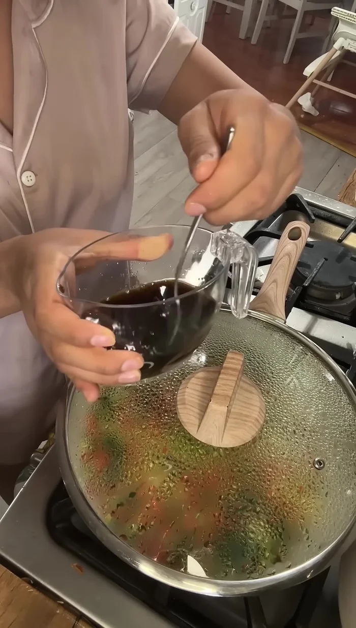 Add your mixture of sauces to create the desired Chinese flavor profile. (The speaker doesn't specify exact measurements).
