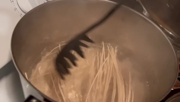 Cook noodles according to package directions, rinse in cold water, and let dry. (857.959)