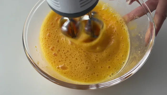 Mix with a hand mixer for about 1 minute. Then add the remaining sugar and mix at medium speed until fluffy and pale (12-15 minutes). The batter should reach the ribbon stage.