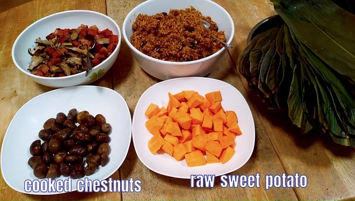 Prepare sweet potatoes (cut into 1-inch cubes) and cooked chestnuts.