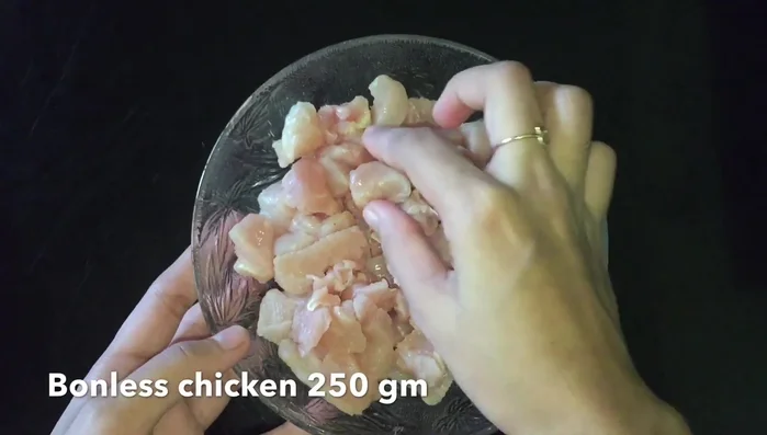 Prepare the chicken: cut into bite-sized pieces.