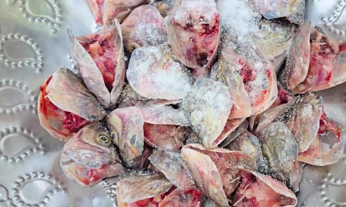 Coat the fish heads evenly with the batter.