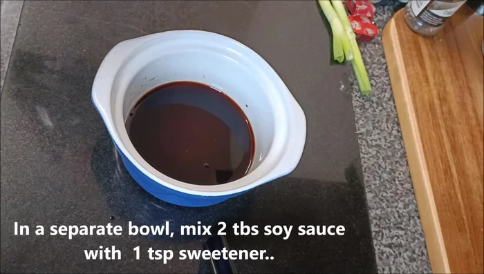 In a separate bowl, mix 2 tablespoons of soy sauce with one teaspoon of sweetener, 2 tablespoons of rice wine vinegar, and 1 tablespoon of corn flour.