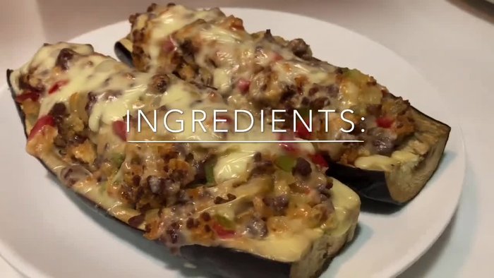 Prepare the eggplant: Wash and cut the eggplant in half lengthwise. Scoop out the flesh, leaving a 1/2-inch border.