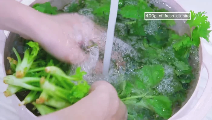 Wash and thoroughly drain the cilantro (25.199).