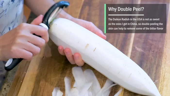 Double-peel daikon radish (if using; otherwise, use carrot), discarding both ends and cut into chunks. (Soaking in water is optional to reduce bitterness).