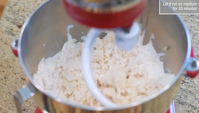 Gradually add flour to the yeast mixture and knead using a KitchenAid mixer for 10 minutes or by hand (100.159).