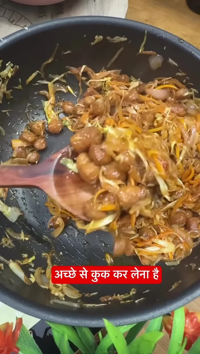 Add soya chunks and Colby vegetable (optional) to the sauce mixture and cook well.